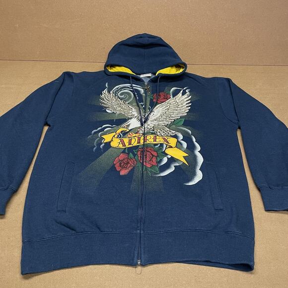 Avirex Hoodie Mens XL Blue Full Zip Graphic Eagle Rose Rhinestone Embellished - Picture 1 of 14